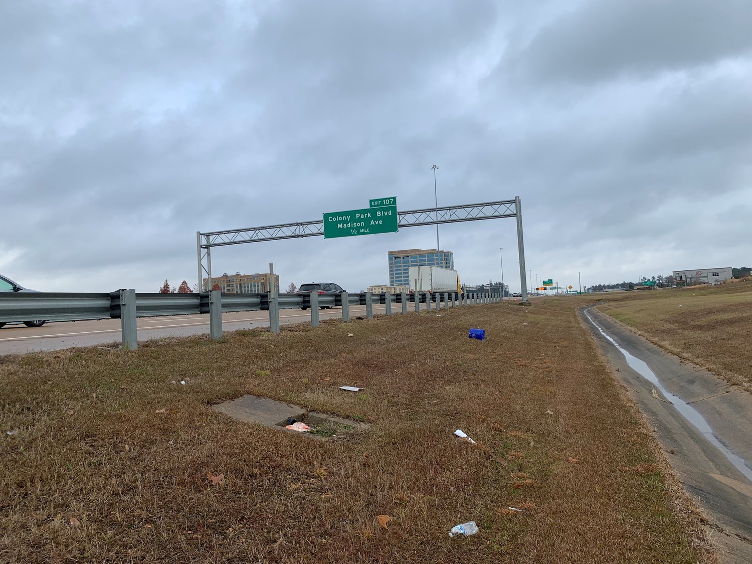 Thirty-eight percent of roadside litter comes from what escapes a pickup truck, such as this bucket on the shoulder of I-55 in Ridgeland.
